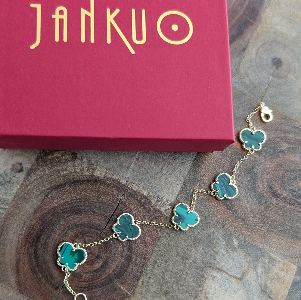 Jankuo Butterfly 14K Gold Plated & Synthetic Emerald Bracelet New in Box